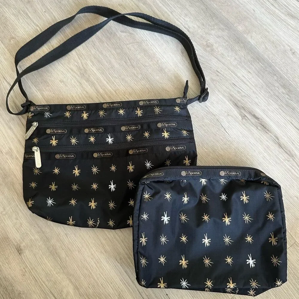 LeSportSac Crossbody Purse & Bag Set Starlet Print Black Metallic Freehand Stars - Picture 2 of 10